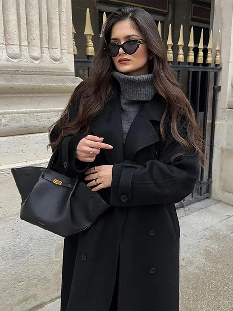 الشارع الأسود معطف طويل مع حزام المرأة فضفاضة التلبيب مزدوجة الصدر كم كامل معطف الخريف الشتاء سيدة أبلى