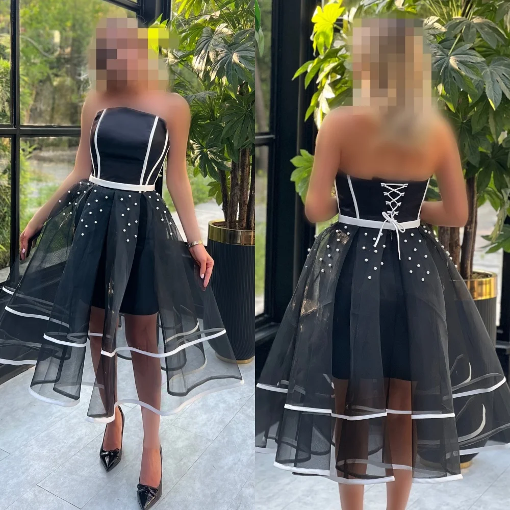 

Customized High Quality Fashion Organza Rhinestone Ruched A-line Strapless Tea Length Dresses Bespoke Occasion Dresses Classic