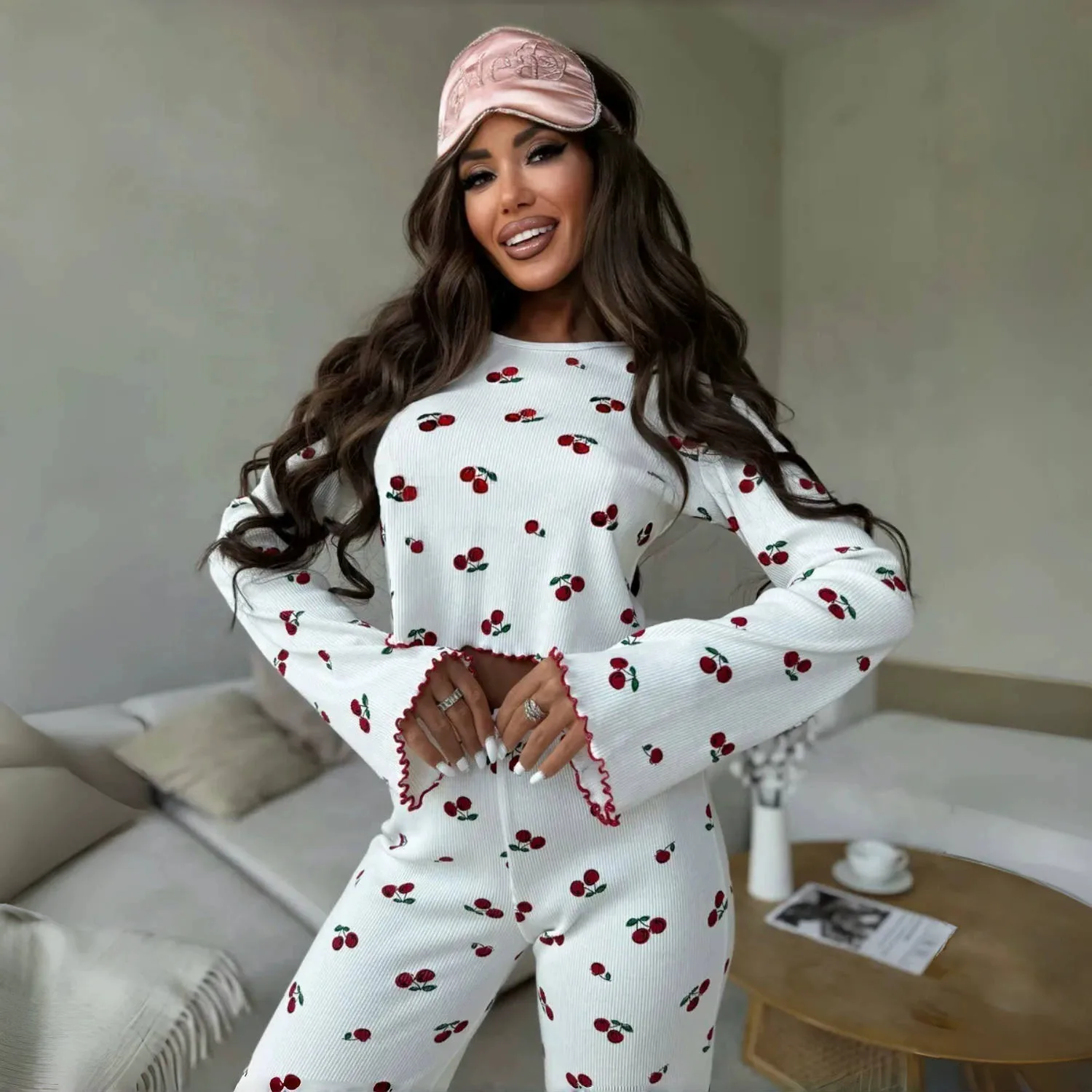 Women Printed Hanging Pants Home Wear Two-Piece Set Slim Fit Long Sleeve Long Trousers Sleepwear Homewear Two-Piece Set