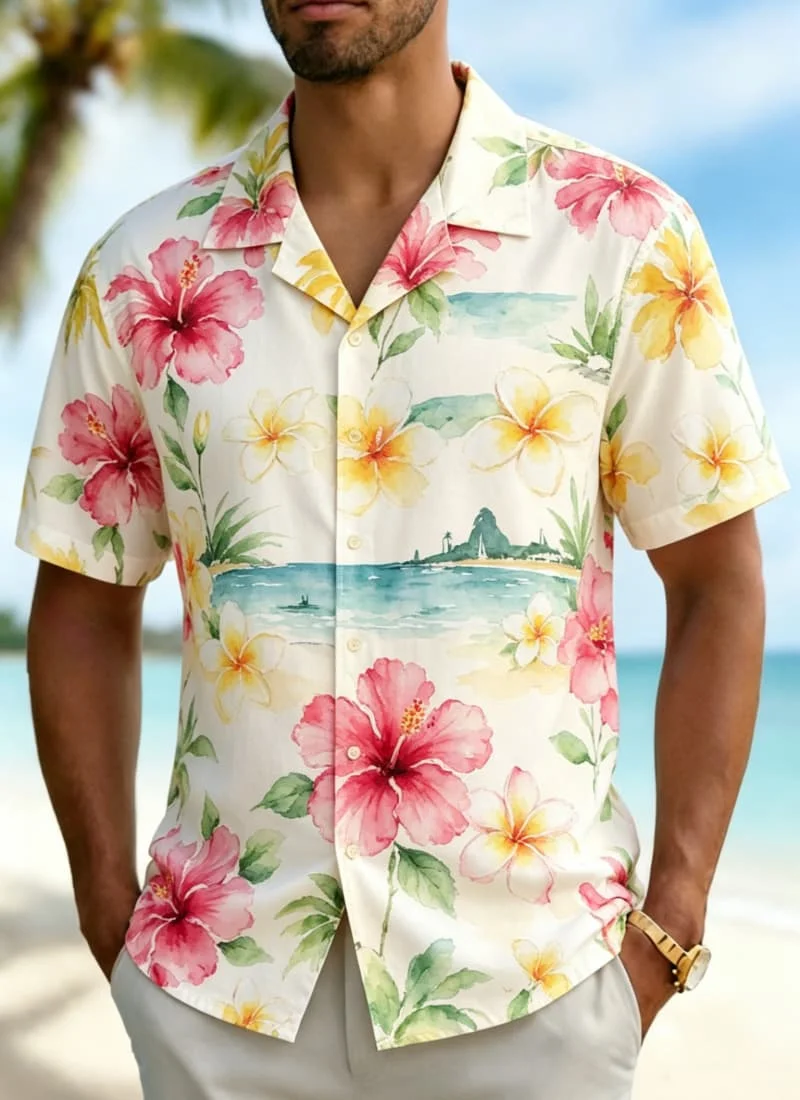 Men's watercolor coastal landscape printed Hawaiian shirt, suitable for business leisure,  daily dressing, and vacation travel