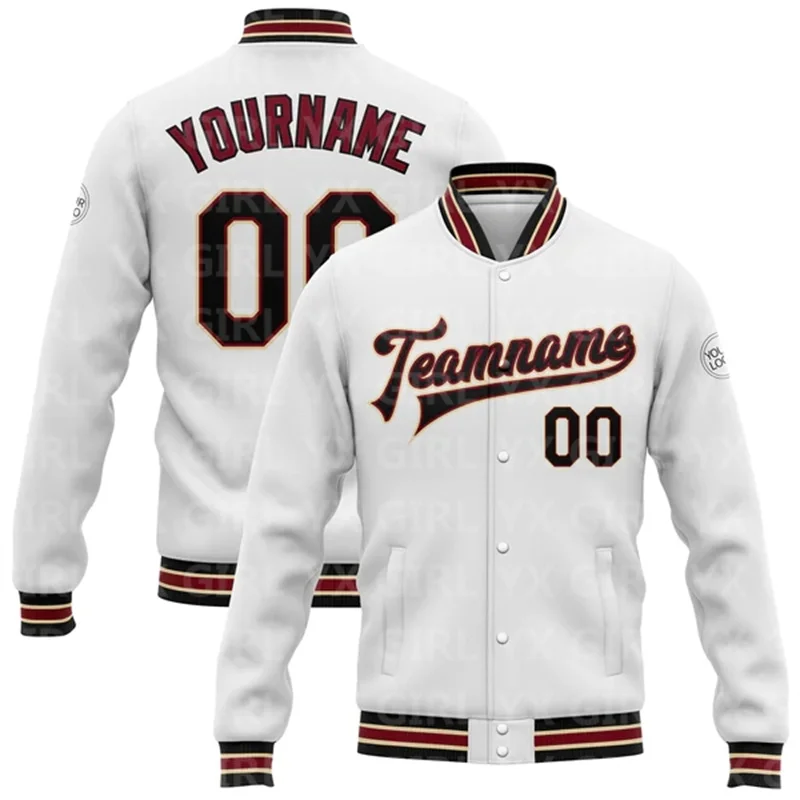 

Custom White Black Crimson-City OR Bomber Full-Snap Varsity Letterman Jacket 3D Printed Baseball Button Jacket