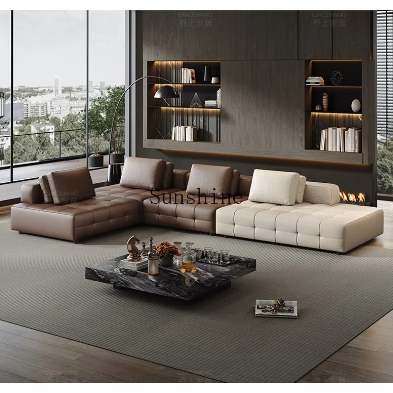 

Minimal light luxury leather sofa first layer cowhide large apartment living room