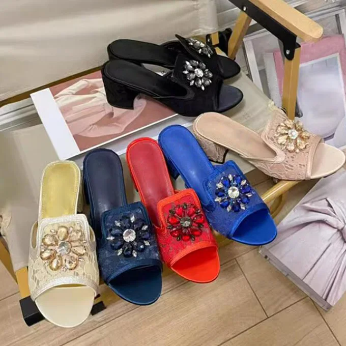 Summer Rhinestone Flower Chunky High Heels Slipper Floral Lace Slingbacks Sandals Peep Toe Crystal Woman Banquet Wedding Shoes