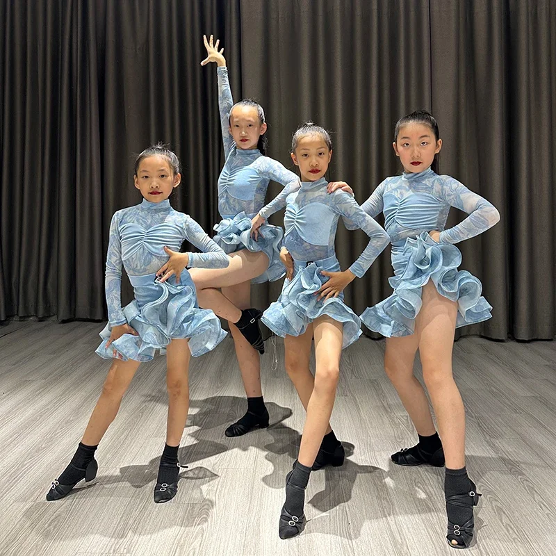 Costume de danse latine pour enfants, ensemble de costumes d'entraînement d'entraînement d'automne et d'hiver pour filles, avec une robe de danse haut de gamme, nouvelle collection 2025