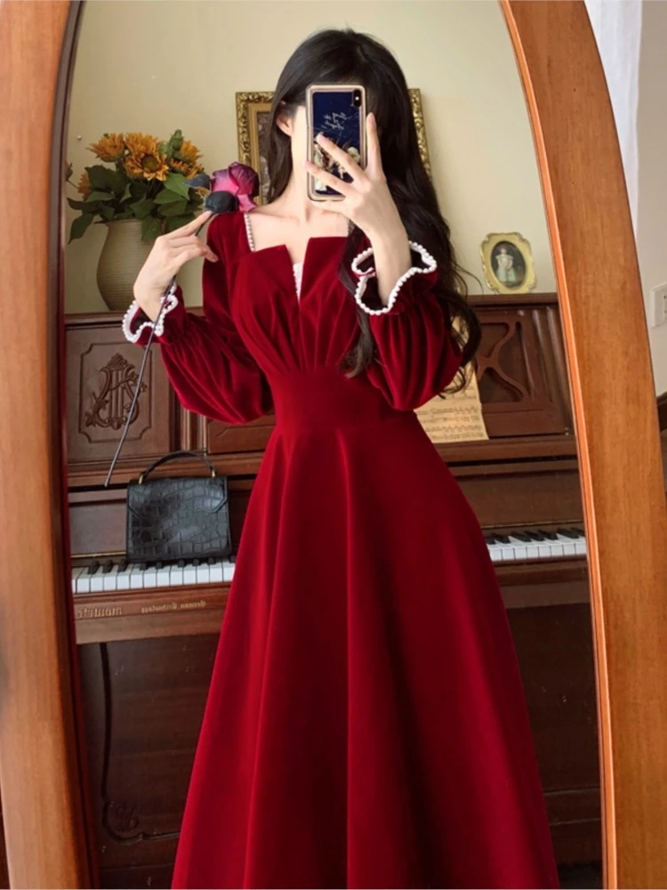 French Vintage A-line Wedding Party Dress Women Autumn Elegant Long Sleeve Backless Red Vestidos Mujer Princess Robe Spring New