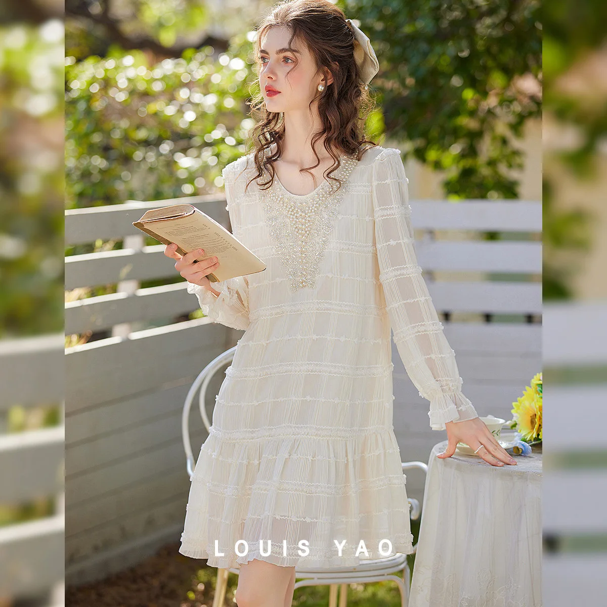 

LOUIS YAO Embroidered Flares Chiffon Dress 2025 Spring Round Neck Cut Flower Bubble Sleeve Long Sleeve Women Dress New