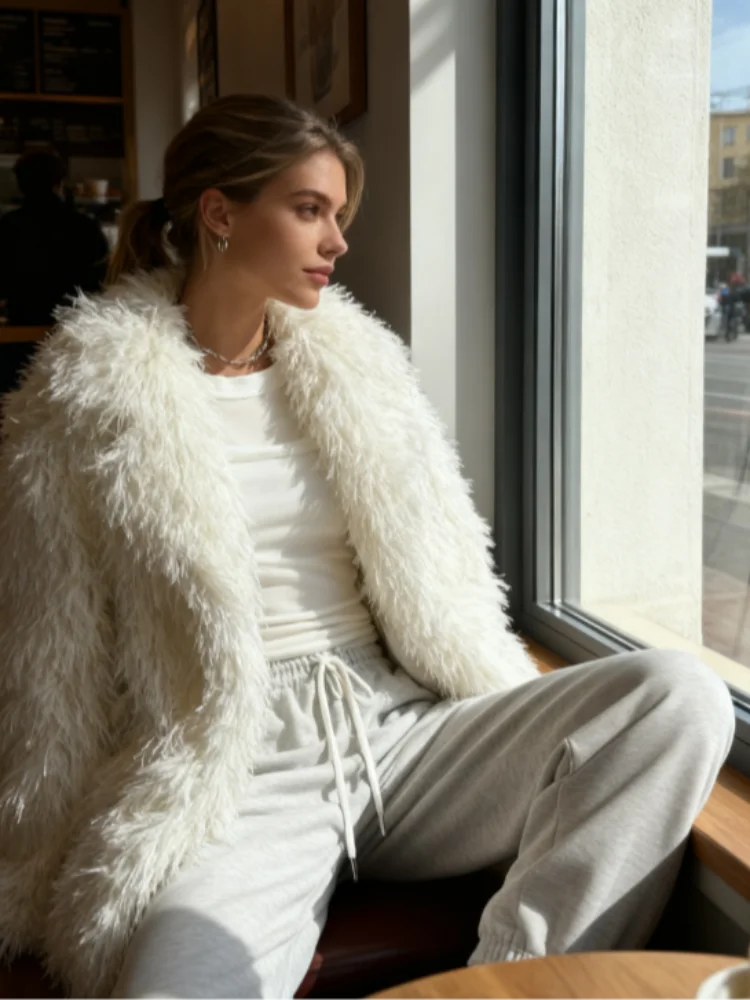 Luxury Fluffy Faux Fur Jacket Women 2025 Autumn Winter Lapel Long Sleeve Loose Thick Warm Jackets Fashion Street Office Outwear