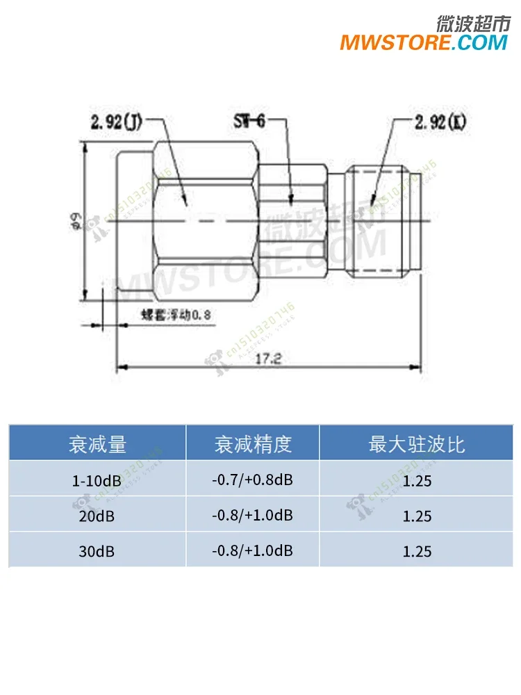 2.92mm Fixed Attenuator 2W 40GHz 1/3/5/6/10/20/30dB 2.92mm JK Stainless Steel