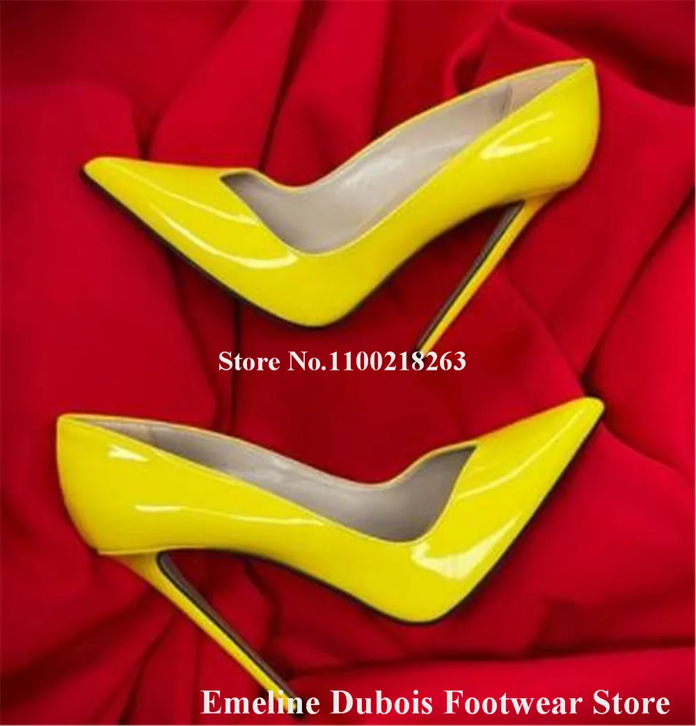 เซ็กซี่ V-ตัดปั๊ม Emeline Duboisc ใหม่ล่าสุด Designer Pointed Toe สีเหลืองสีเขียวสีดําสิทธิบัตรหนัง Stiletto ส้น 12 ซม.รองเท้า