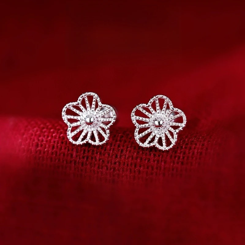 Real 925 Sterling Silver Hollow Flower Bead Screw Plant Stud Earrings For Women Classic Fine Jewelry Exquisite Accessories