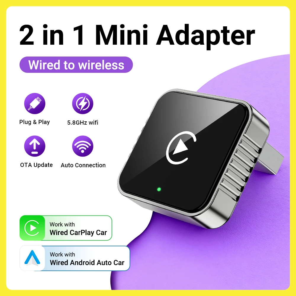 

Умный адаптер 2 в 1, беспроводной CarPlay Android Auto Box, беспроблемный Plug & Play, стабильный BT Wi-Fi Connect OTA, обновленная подходит для автомобиля 99%