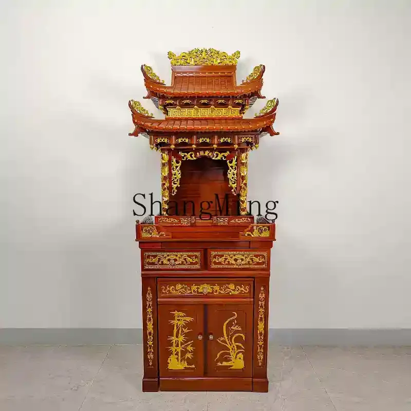 TMJ Roof Shrine with Door Eaves Chinese Buddhist Shrine Shrine Table Rural Household God of Wealth Cabinet Gongma Hall