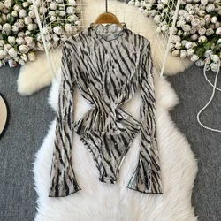 Women Stand Collar Hotsweet Vintage Leopard Print Bodysuits Chic Rhinestone Long Sleeve Mesh Jumpsuits Slim Top Autumn Clothing