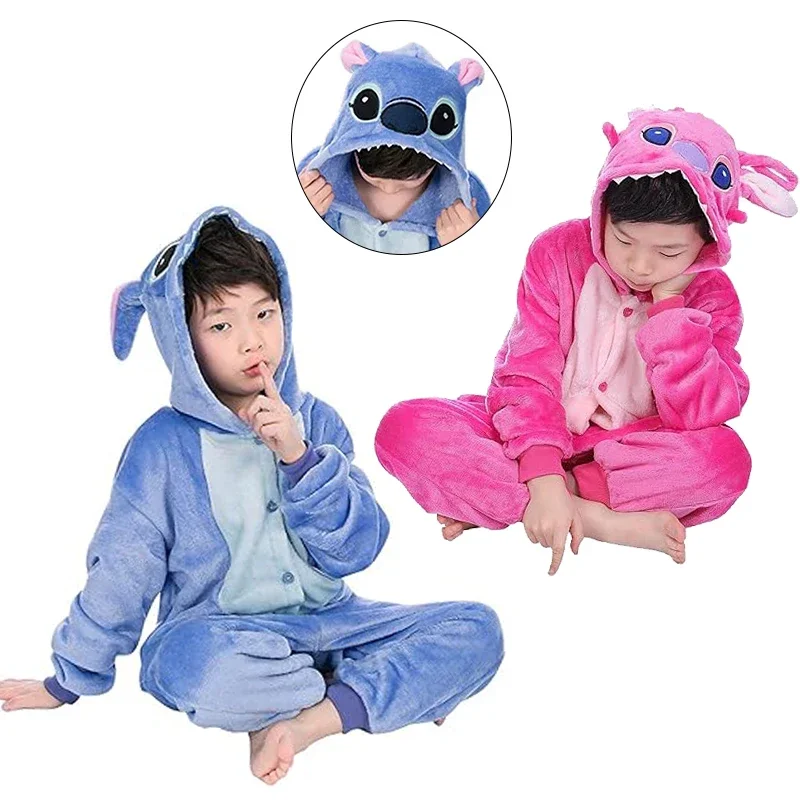 Stitch Cosplay Pajamas Anime Stitch Angel Costume Cute Jumpsuit Pajamas Hooded Sleepwear Halloween for Girls Boys