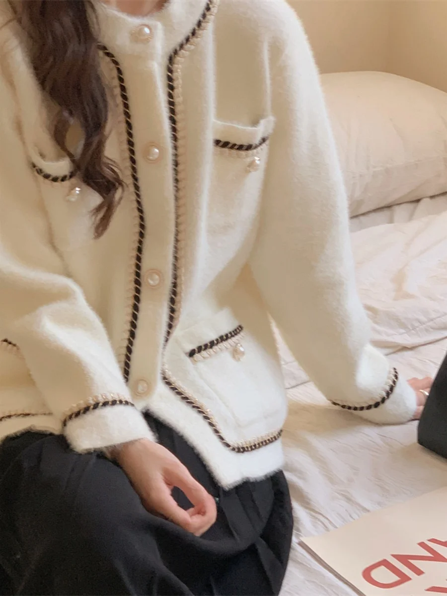 

Heavyweight Long Hair Mink White Pearl Button Small Fraance Sle Open Cardigan Cotton Blend Long Sve Crew Ne Knitwear