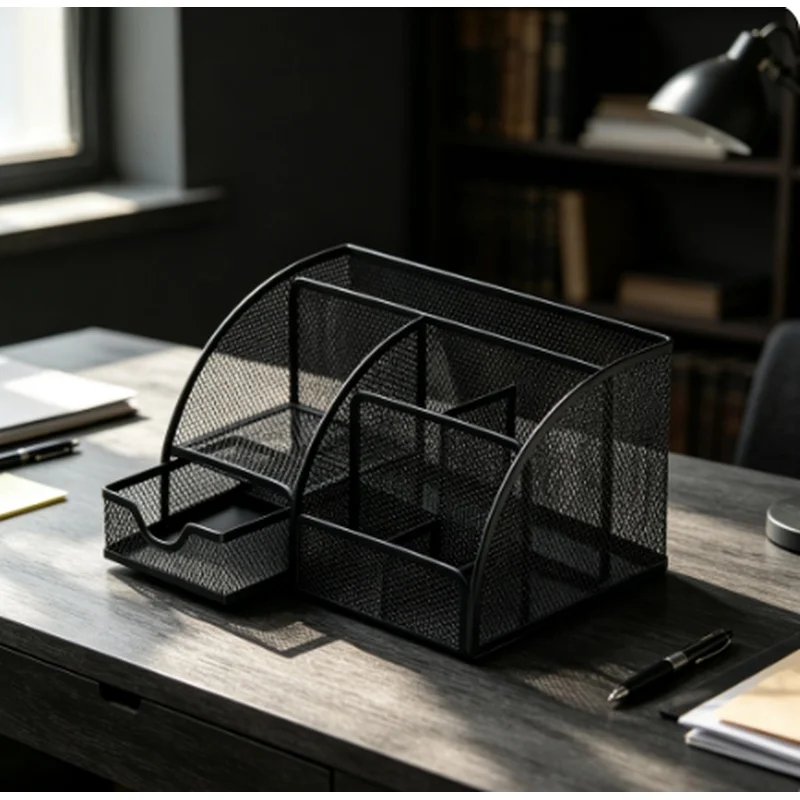 Large Capacity Metal Pen Holder, Multifunctional Desktop Storage Box Organizer for School Office Stationery Supplies