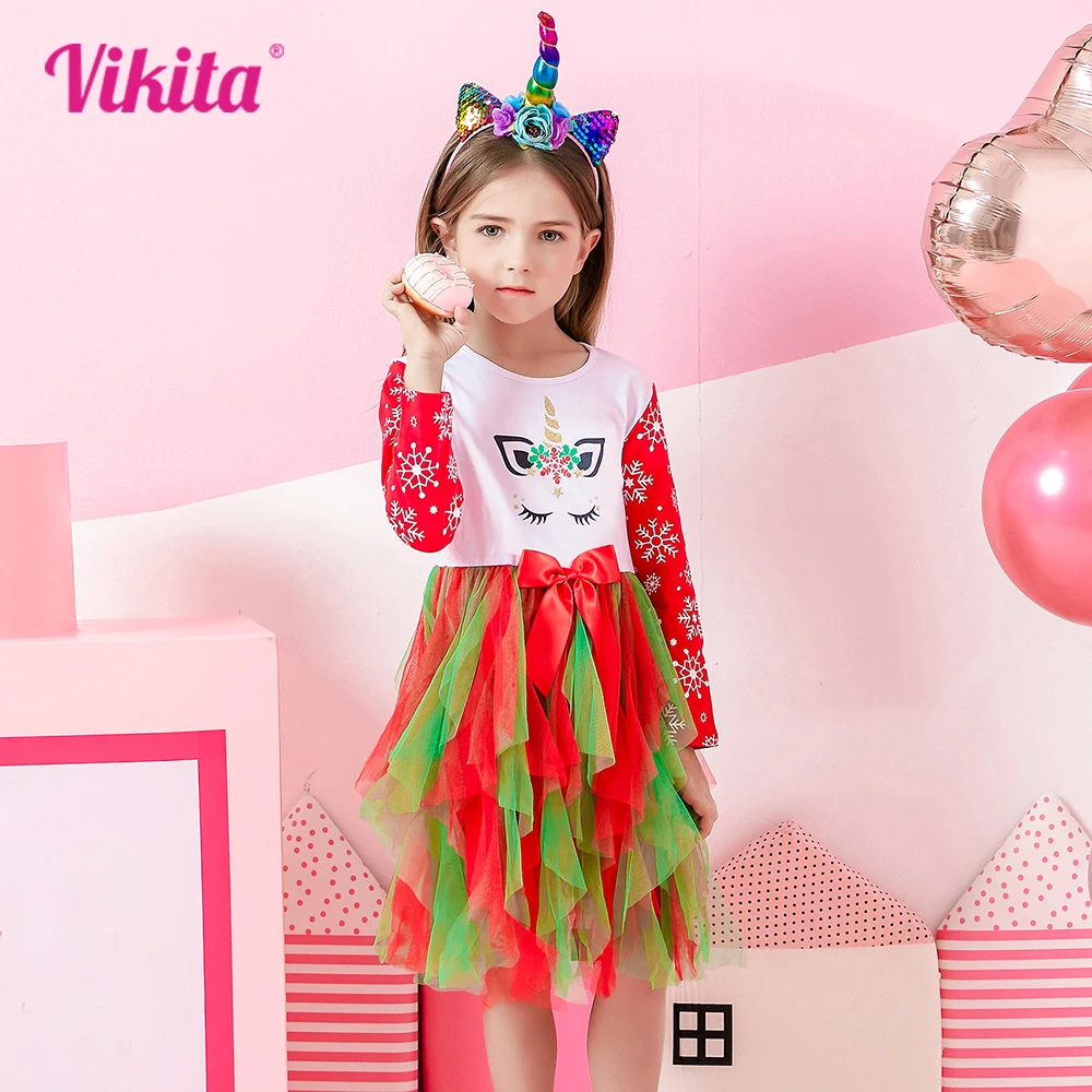 

VIKITA Girls New Year Christmas Dress Kids Green Red Snowflakes Bow Knot Dresses Girls Irregular Mesh Tulle Tutu Princess Dress