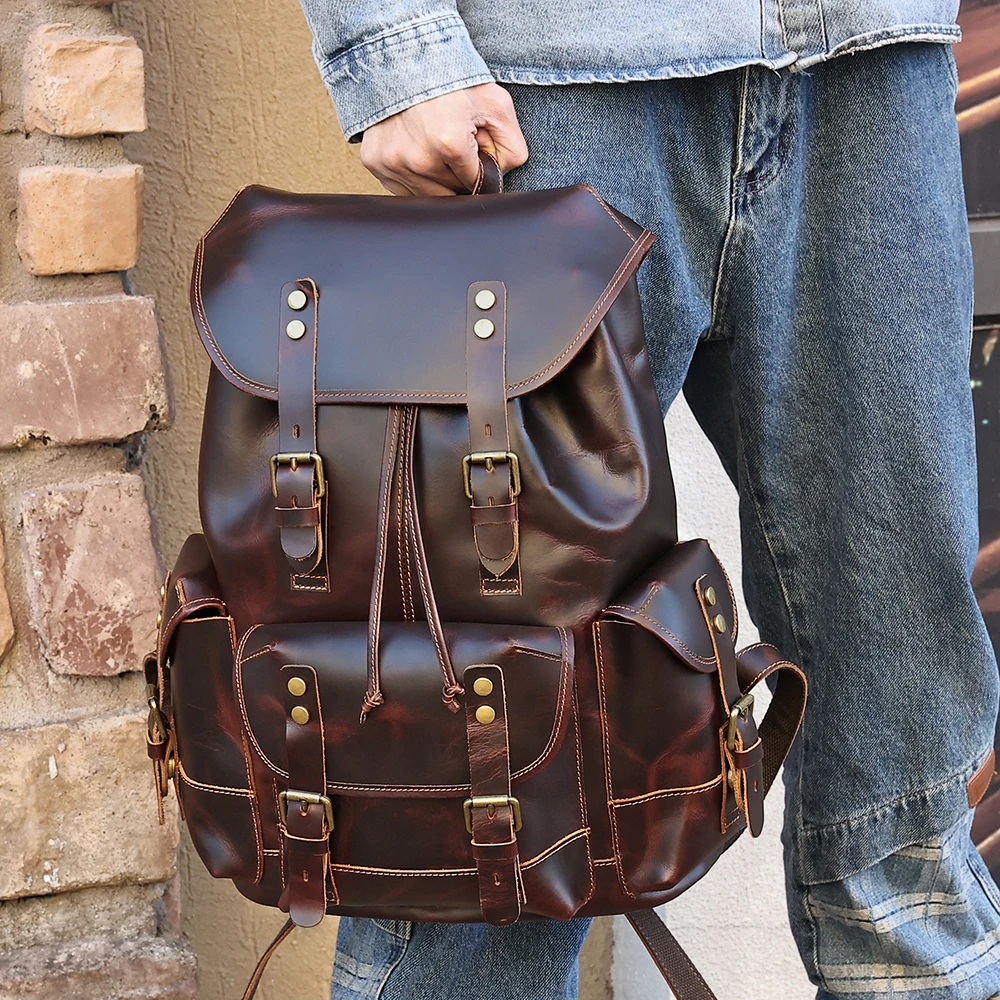 Mochila de couro de grande capacidade para esportes ao ar livre, bolsa de viagem com vários bolsos, nova mochila masculina