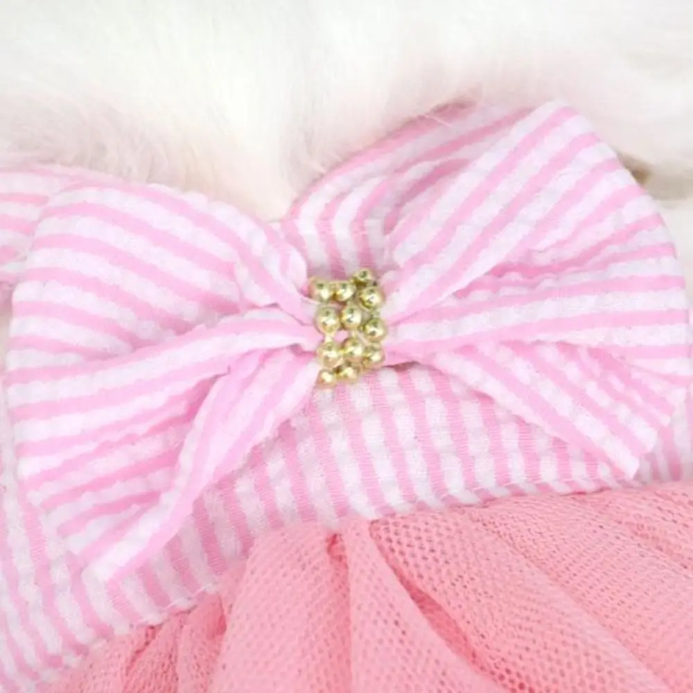 New Breathable Mesh Pet Dog Dress Bow Decoration Polyester Striped Pet Dress Striped Pattern Pet Princess Apparel Dogs Cats