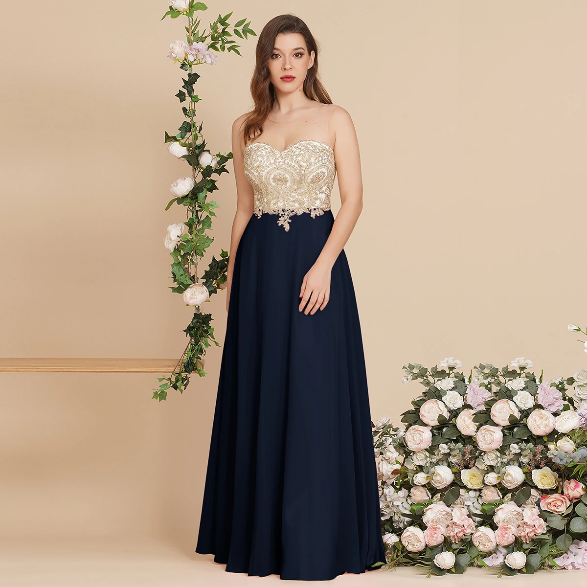 

Элегантное шифоновое свадебное платье с иллюзией в форме сердца, золотая кружевная аппликация, длинные платья подружки невесты, вечерние платья