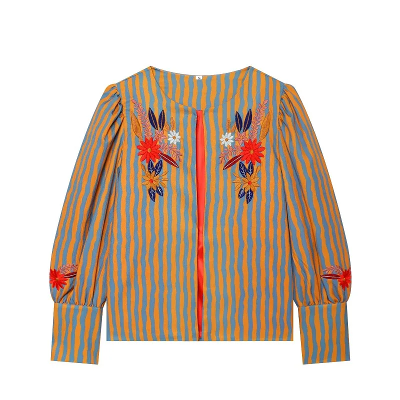 MUJER Gestreifter Damenmantel mit Stickerei, Offene Jacken für Frauen, Langarm-Freizeitjacke, Damen-Streetwear-Modejacken – Detail 2