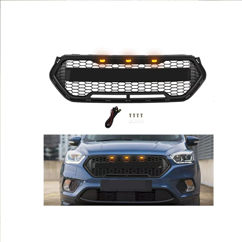 

Matte Black Honeycomb Grille Front Bumper Mask Mesh Amber Led Racing Grills Upper Grid For Ford Escape Kuga 2017 2018 2019