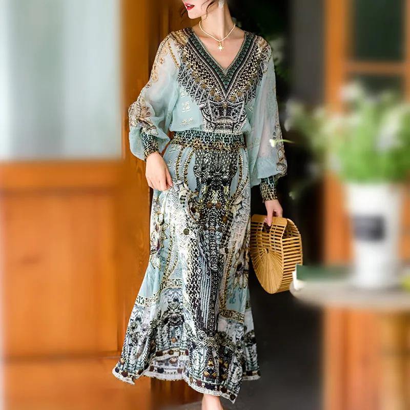 

New Vintage Women Dresses Spring Summer Long Lantern Sleeve Long Floral Print Elegant Ladies Dress Party Arab Vestidos NS32