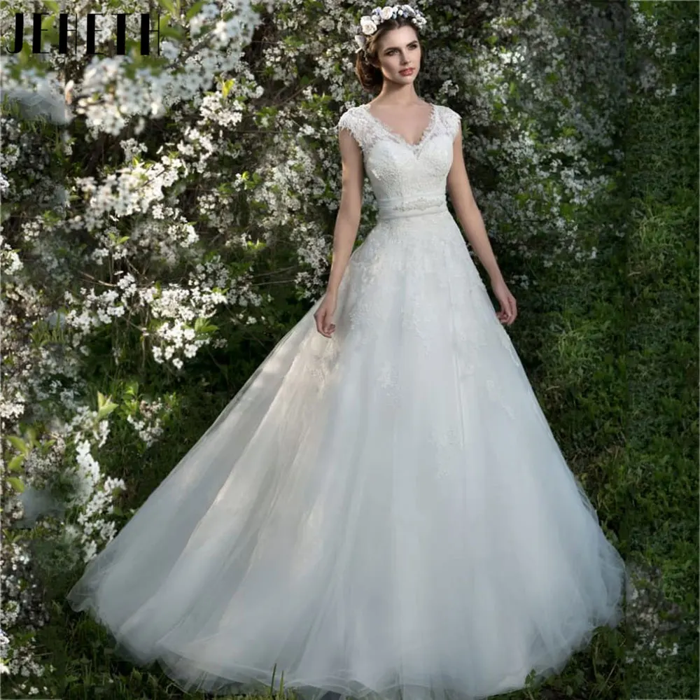 Guitar Hcondamned-Robe de mariée de luxe avec appliques en dentelle, mancherons classiques, col en V, nœud dos nu, tulle, tout ce qui est 2024Guitar Hcondamned-Robe de mariée de luxe avec appliques en dentelle, mancher