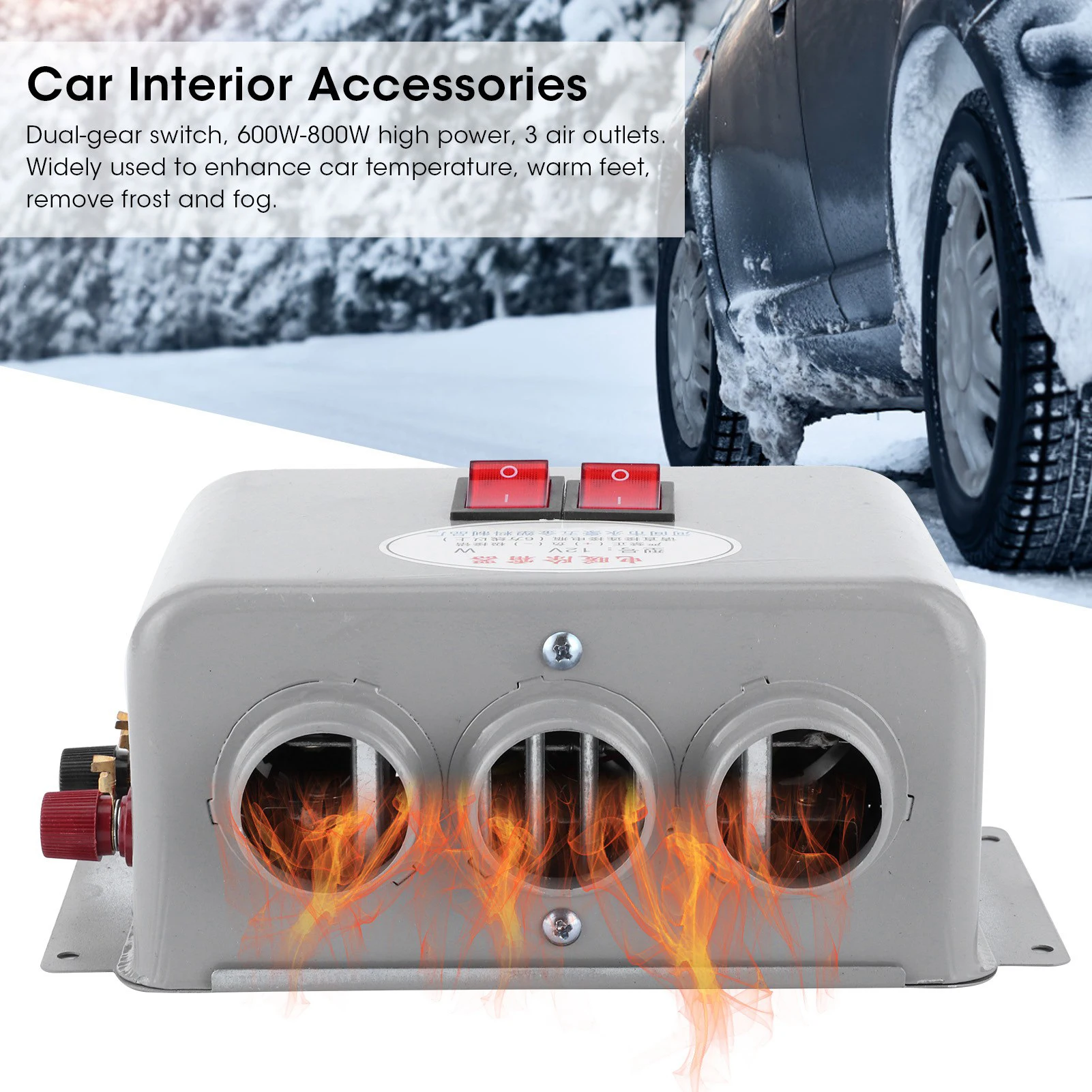 

12V Car Heater Car Demister Compact Car Heater 3 Hole 600W‑800W Winter Fast Heating Warmer Frost Removing Low Noise Car Heater