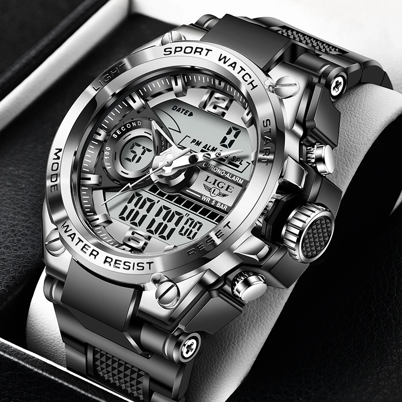 

LIGE часы с двойным дисплеем, мужские модные деловые силиконовые спортивные хронографы, мужские наручные часы 50 м, водонепроницаемый будильник, кварцевый хронограф