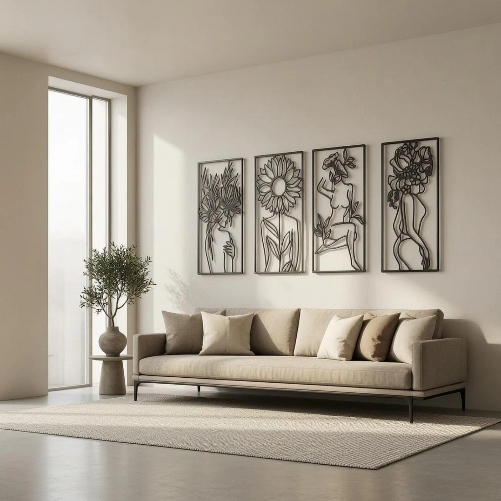 4 Pieces Abstract Female Linear Art Easy to Hang Minimalist Metal Line Drawing Framed Wall Panel Modern Style