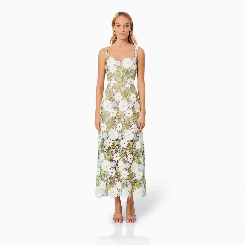

Spaghetti Strap Dress 2025 Spring Banquet Three-Dimensional Flower Waist-Cinching Colorful-Soluble Lace Long Dress