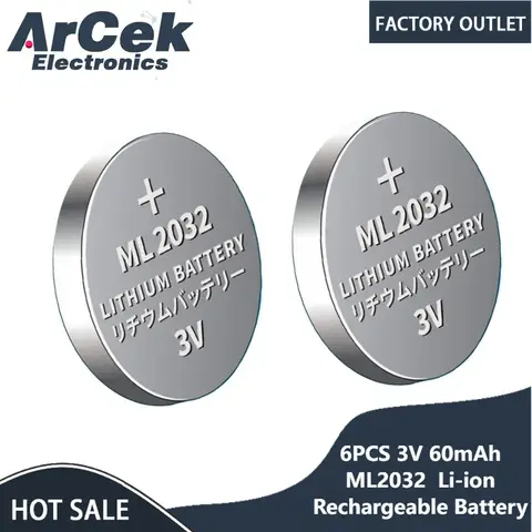 6PCS ML2032 3V 60mAh batteria ricaricabile agli ioni di litio per orologio Computer scheda madre torcia giocattolo remoto sostituisce la cella CR2032