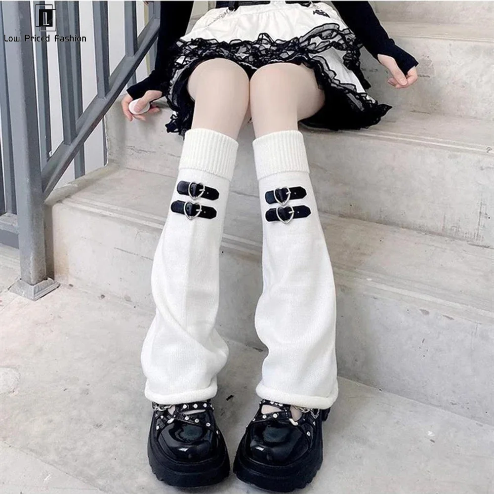 Y2k Knitted Loose Leg Warmers Heart Leather Buckle Stocking Women Girl Harajuku Leg Warmer Subculture Fishnet Socks Stockings