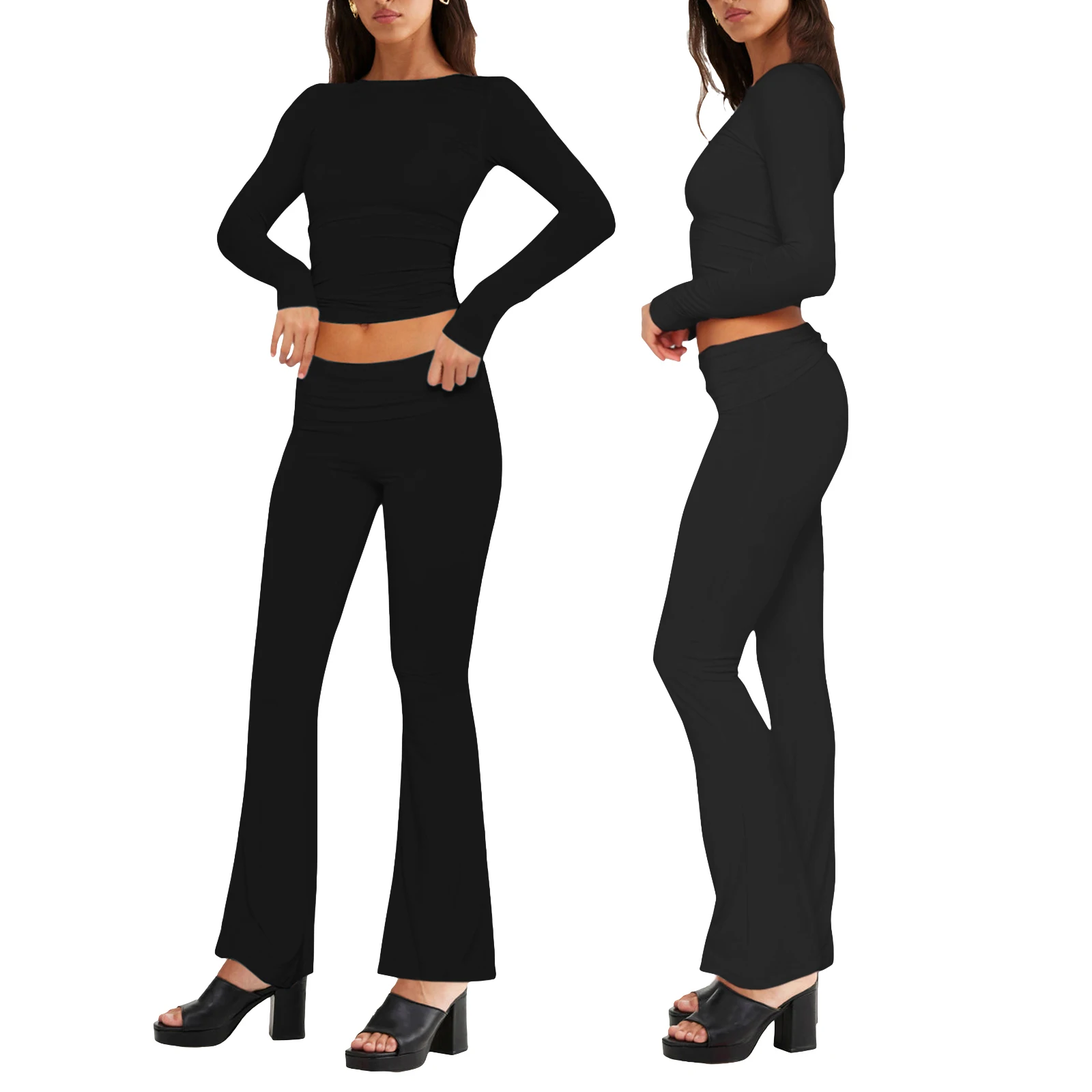 Combhasaki Women’s Y2K Pants Suit Elegant Long Sleeve Crew Neck Skinny T-shirt with Low Waist Flare Pants Office Outfits Set