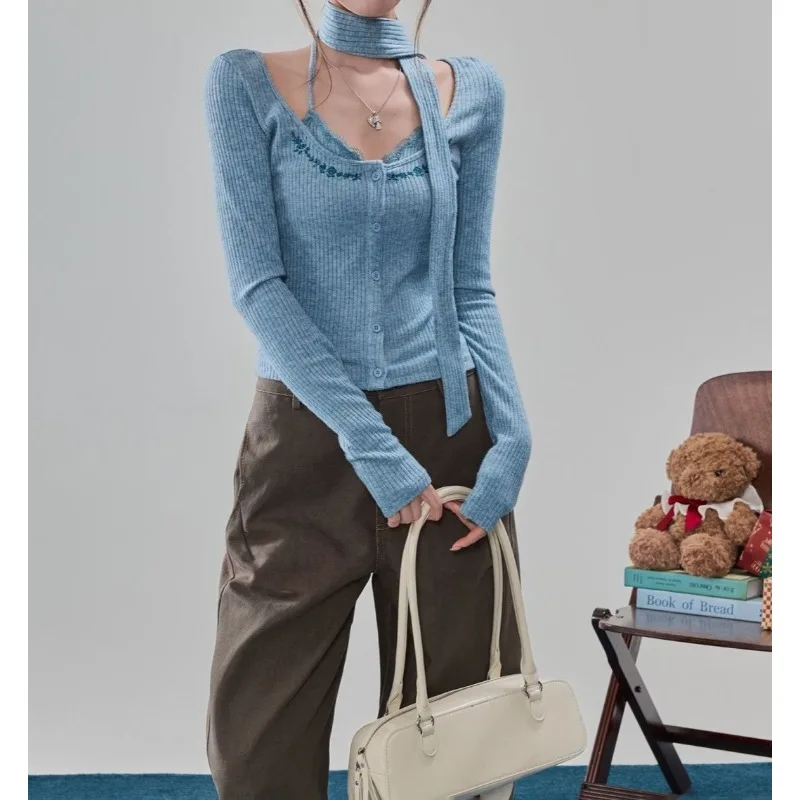 Blue Embroidered Straps Fake Two-piece Long-sleeved Bottoming Shirt Autumn and Winter New Slim and Thin Design Niche Top Women