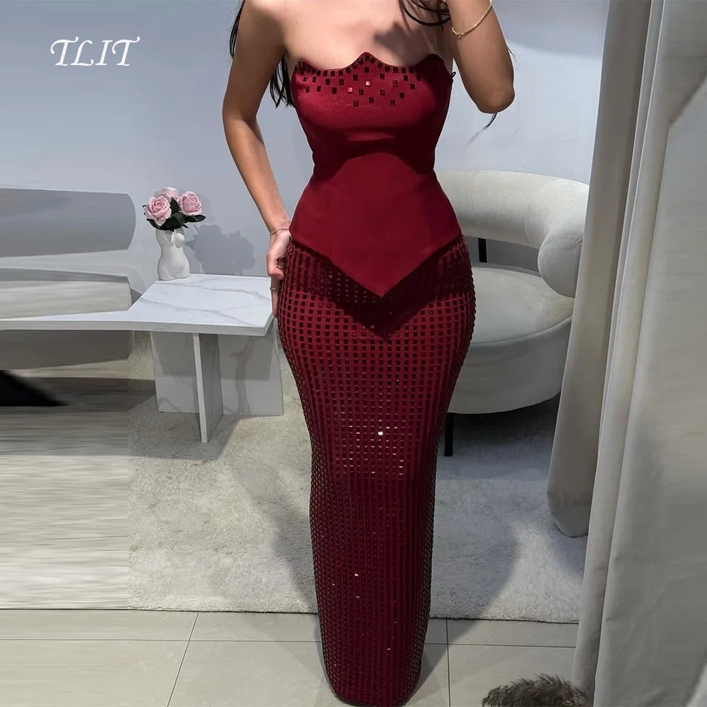 

TLIT Блестящие винно-красные двухсекционные вечерние платья-футляры по индивидуальному заказу Vestido da noite без бретелек с кристаллами, платья для выпускного вечера без рукавов