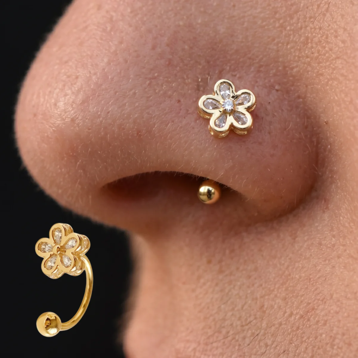 1 Pack Y2K Style Luxury 5-Petal Flower Piercing Nose Stud Women's Gold Hook Ball Threaded C-Shaped Nose Ring Inlaid with Zircon