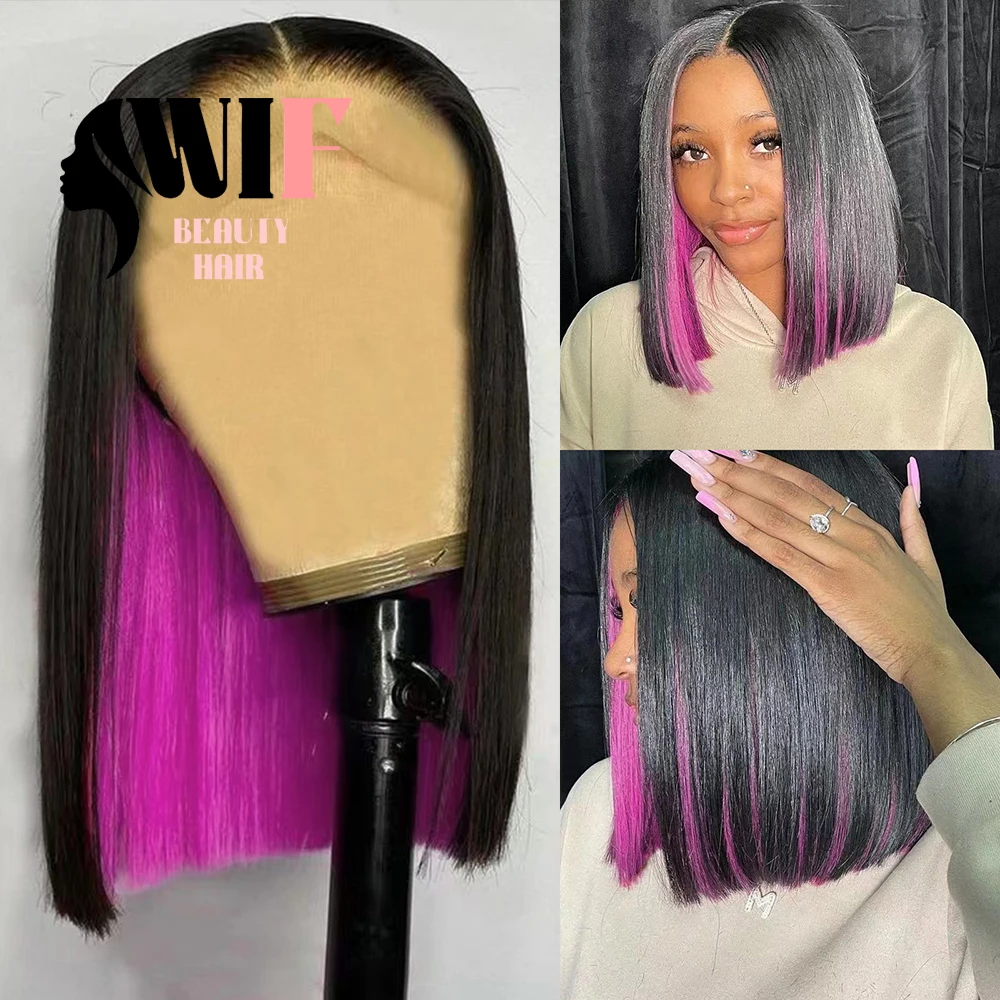 WIF-peluca sintética Bob corto ondulado para mujer, pelo Natural de dos colores, fibra térmica, con encaje frontal, color negro y rosa