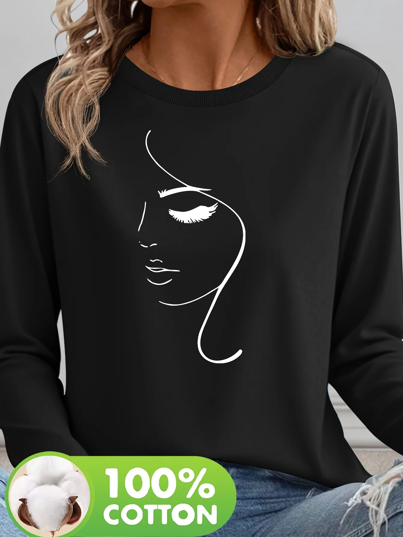 Fashion Gothic Women's 100% Cotton Geometric Face Print Long Sleeve T-Shirt Casual Round Neck Top All-Season Graphic Tops