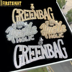 New Iced Out Hustle Necklace for Men Pendant Bling Prong Setting CZ Zircon Big Green Money Bag Charm Hip Hop Jewelry