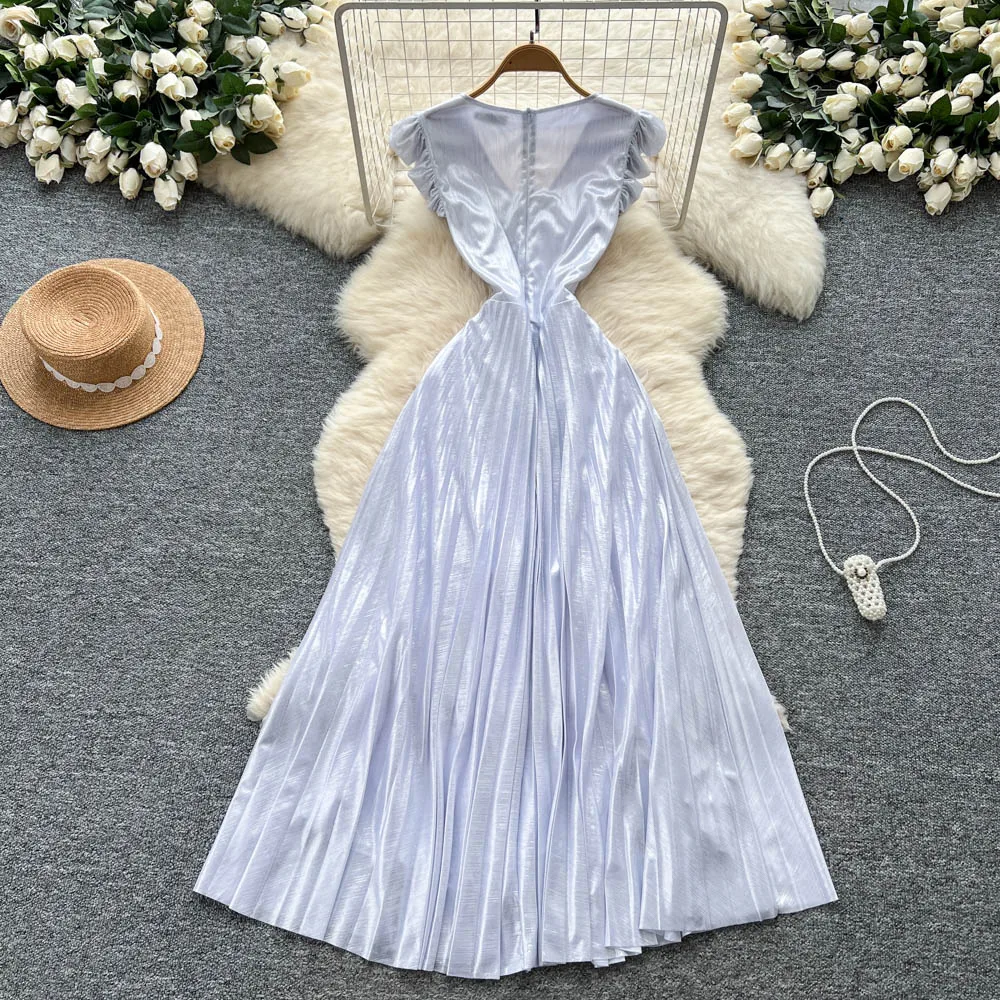 Elegancka sukienka letnia w stylu vintage, satynowa, z krótkim rękawem, inspirowana koreańską modą boho, długa sukienka damska.