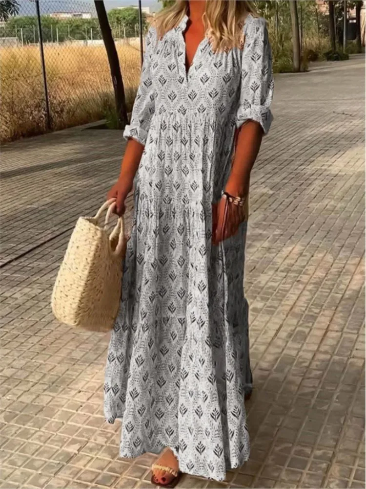 Moda damska Boho Print Long Dress Autumn Long Sleeve V Neck Vintage Dresses Casual Loose Holiday Comfortable Dress Robe Femme