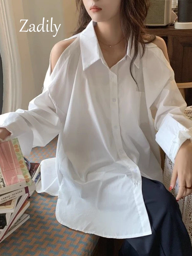 Zadily 2024 Spring Office Lady Long Sleeve Women White Shirt Korea Style Off The Shoulder Button Up Oversize Ladies Work Blouses