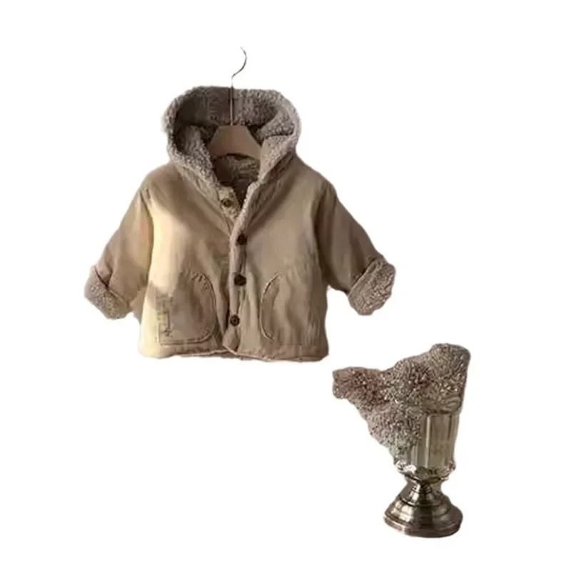 Korean Children\'s Clothing Autumn and Winter New Item Thick Lamb Wool Hooded Short Jacket