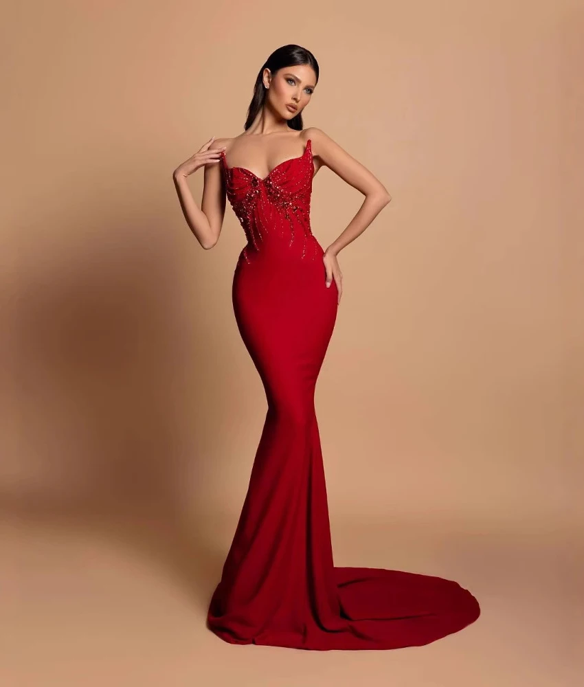 

Customized Classic Jersey Mermaid Crystal Beading Evening Dress High Quality Sweetheart Sleeveless Floor Length Prom Gowns