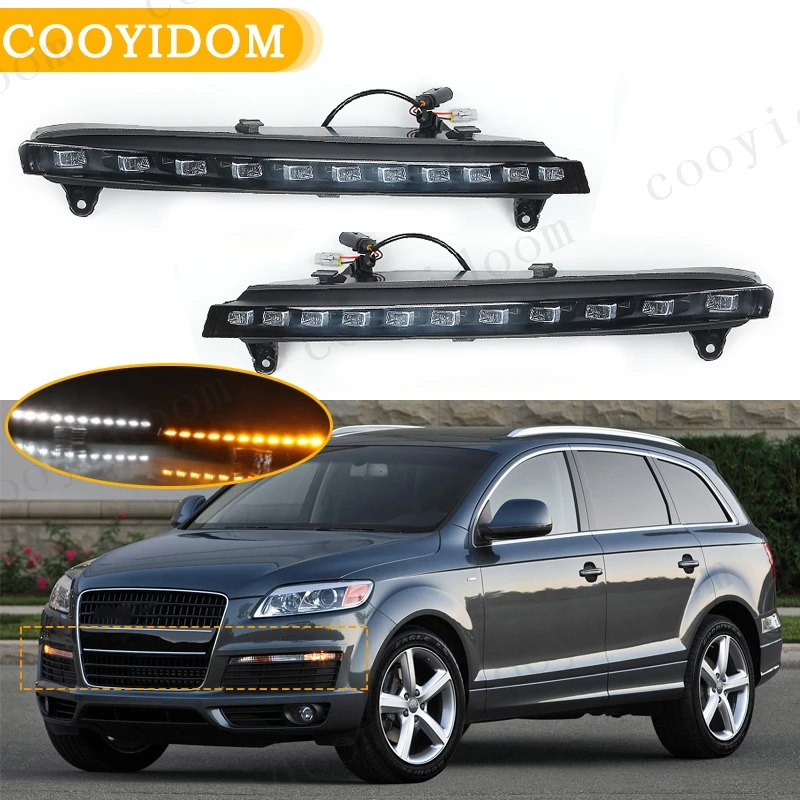 12V LED DRL Daytime Running Light For Audi Q7 2006 2007 2008 2009  Daylight Fog light with yellow turn Signal foglights Dynamic