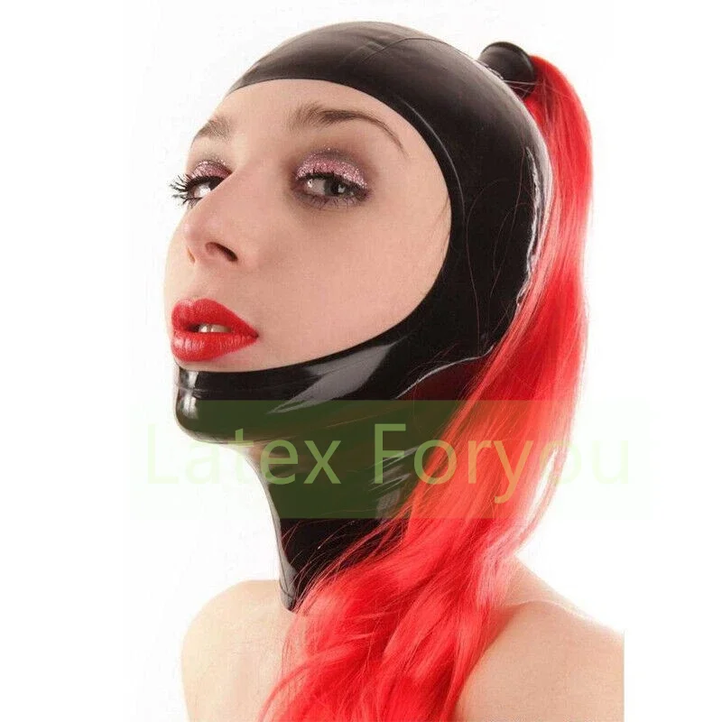 

Latex Hood with Ponytail Wig&Back Zipper Open Face Rubber Mask Club Wear Fetish Latex Cosplay Headgear Rubber Costume