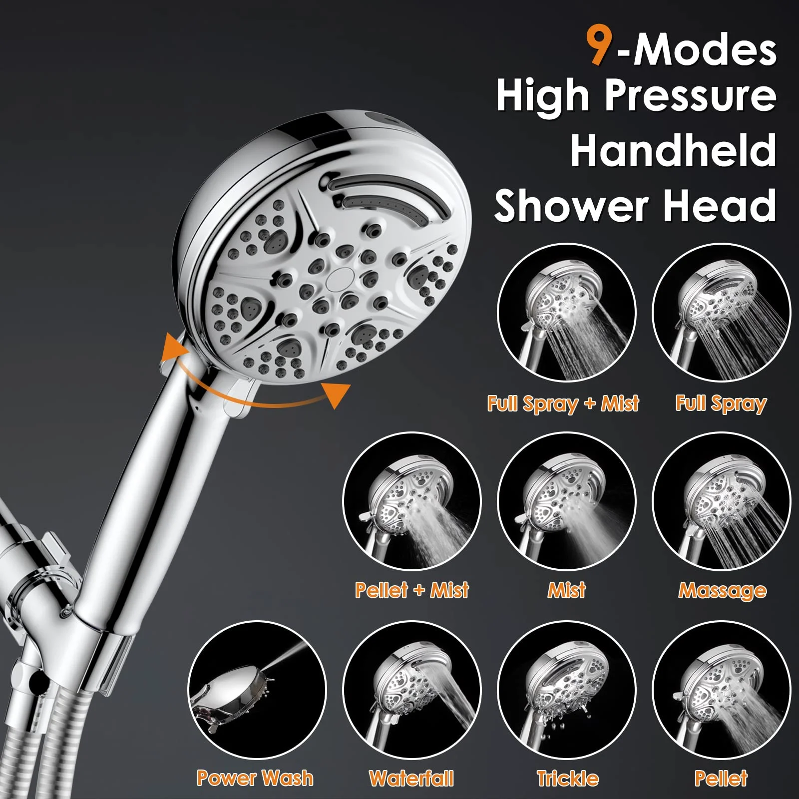 APPASO Hand Held Shower Head Set Upgraded 9 Modes High Pressure with 59 Inch Stainless Steel Hose Chrome High Flow