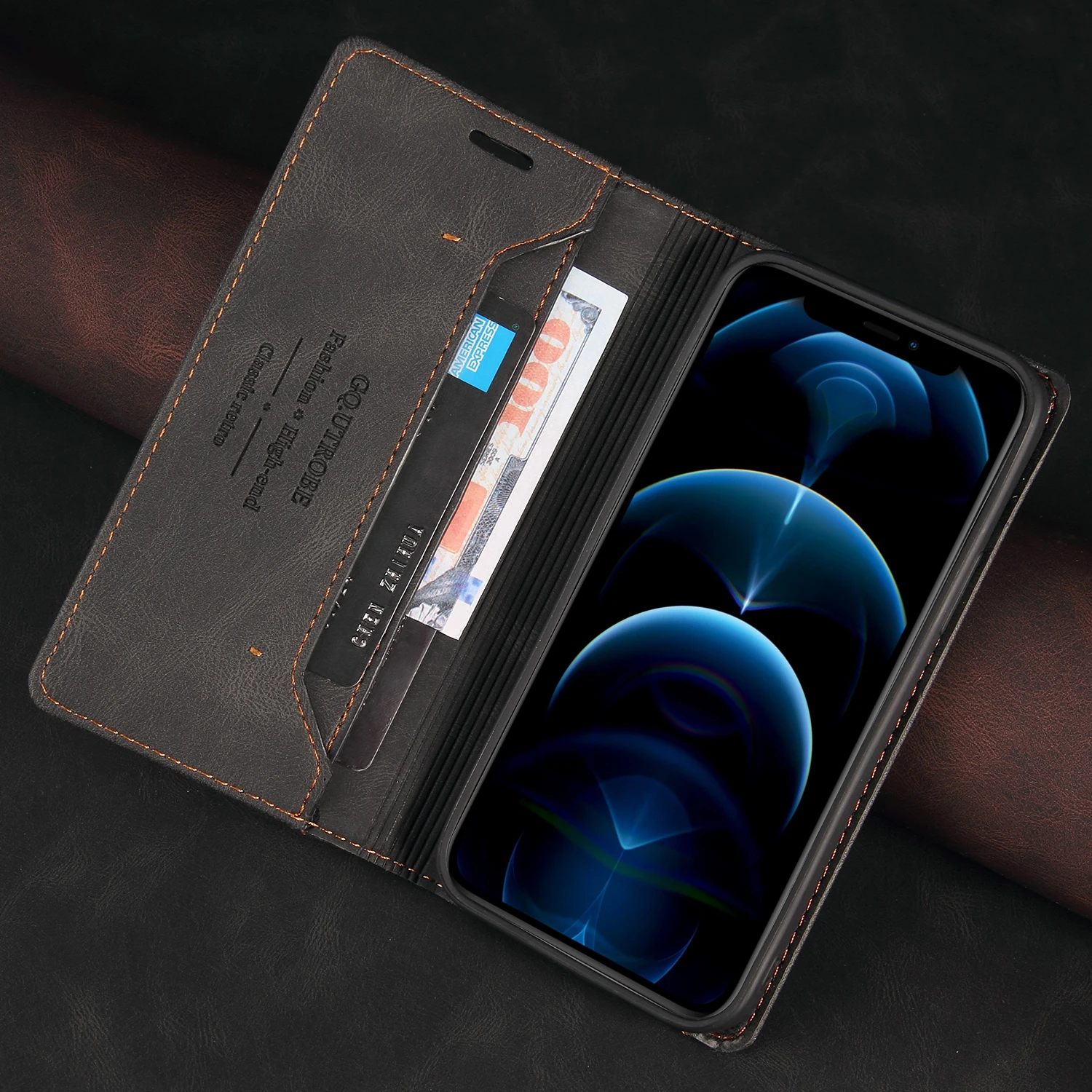 حافظة جلدية بثلاثة بطاقات من الجلد الرجعية، مناسبة لهاتف سامسونج جالاكسي S25 الترا S24 S23 S22 S21 S20 S9 S8 نوت 8/9/20 حافظة هاتف #2